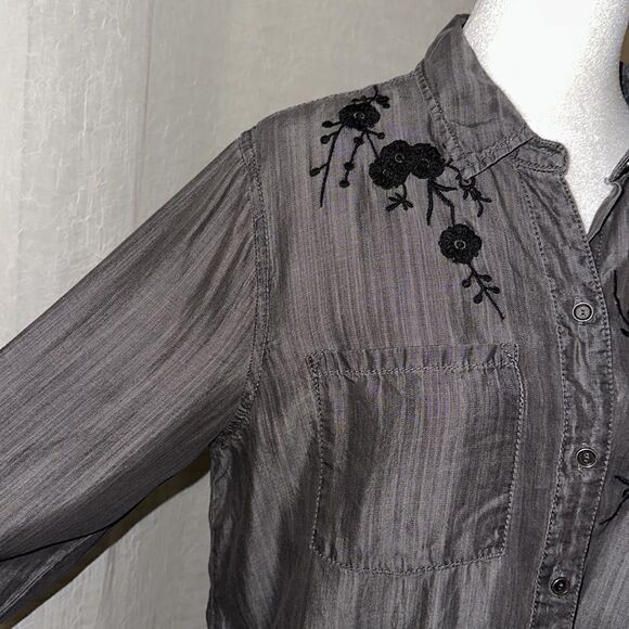 beachlunchlounge L Lyocell Gray Black Embroidered Button Down Casual Shirt - Picture 7 of 14
